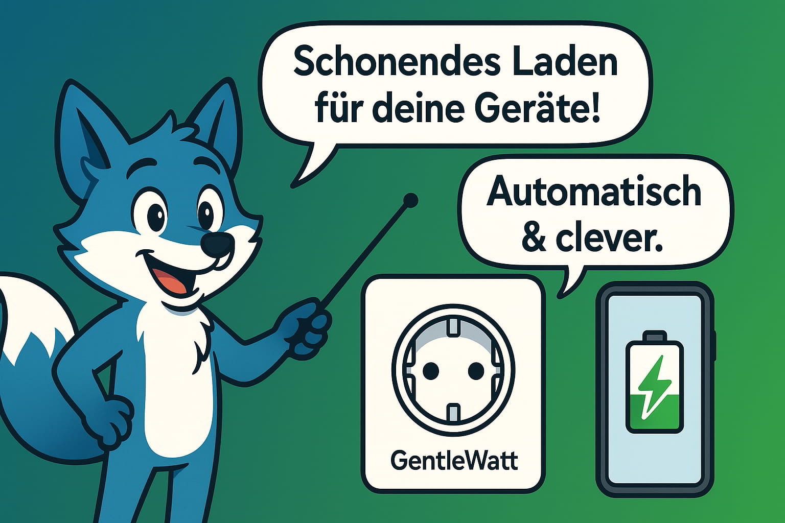 GentleWatt: blauer Fuchs erklärt einfache Bedienung